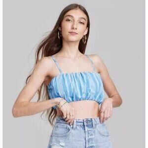 Wild Fable Blue Stripe Square Neck Ruched Woven Crop Top Women’s S NWOT